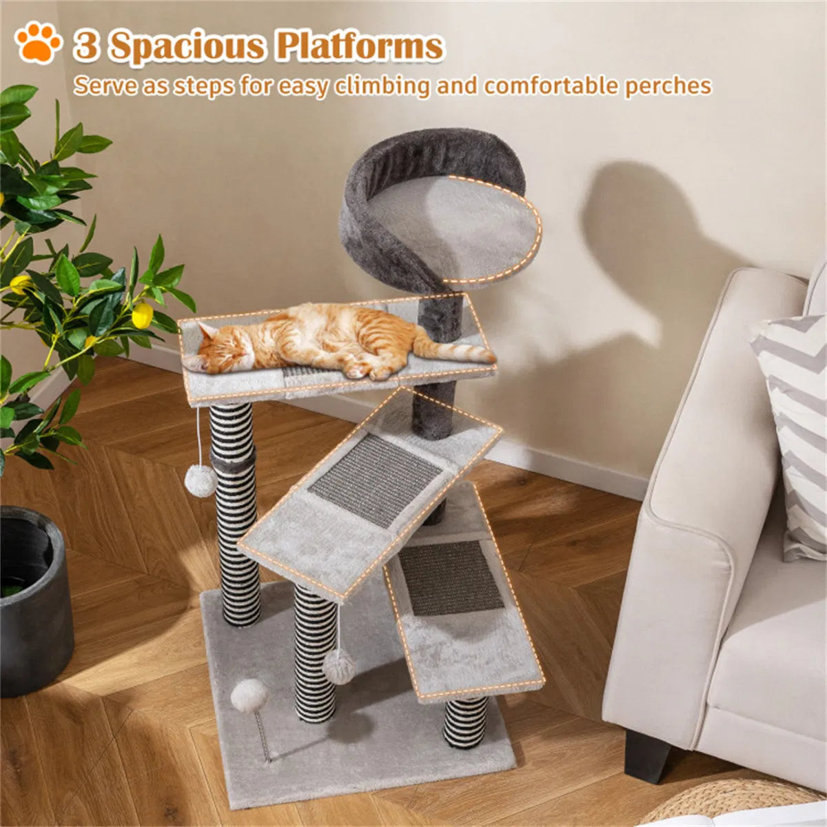 37" Tall Cat Stairs With Scratching Mats - 3-Tier Perches, Spring Ball