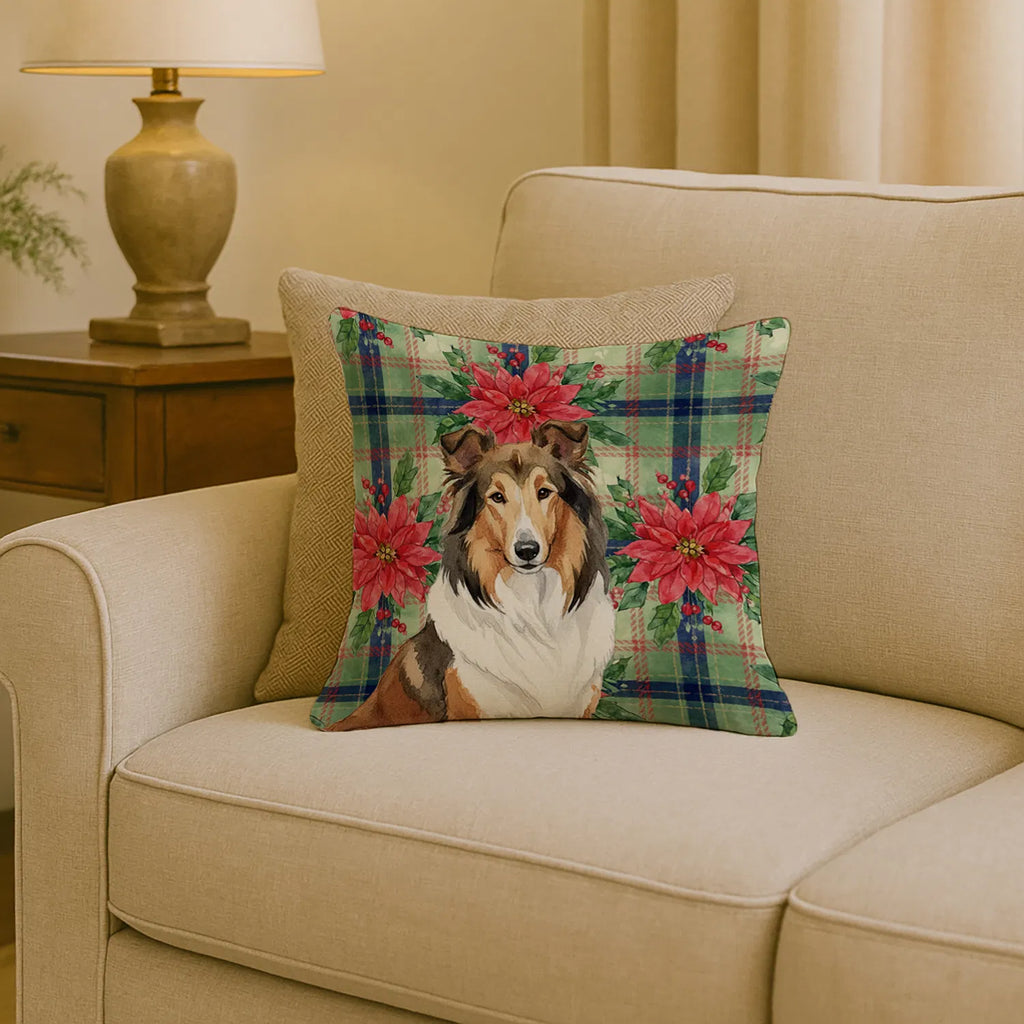 Sable Collie Christmas Poinsettias Throw Pillow Decorative Indoor