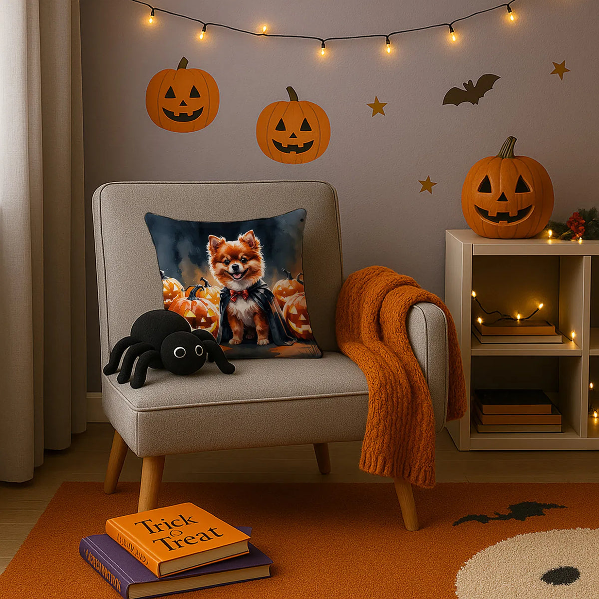 Pomeranian Puppy Halloween Throw Pillow Machine Washable, Indoor