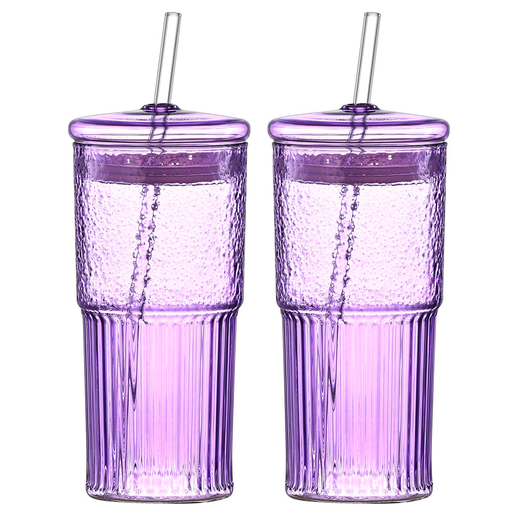 20 Oz 2-pack Purple Glass Straw Cup With Vertical Pattern Cup And Lid