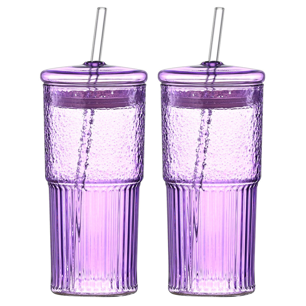 20 Oz 2-pack Green Glass Straw Cup With Vertical Pattern Cup And Lid