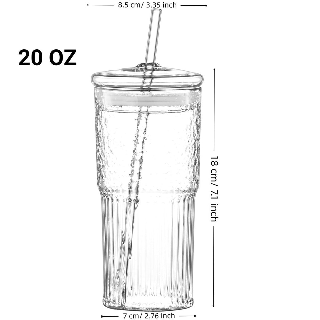20 Oz 2-pack Green Glass Straw Cup With Vertical Pattern Cup And Lid