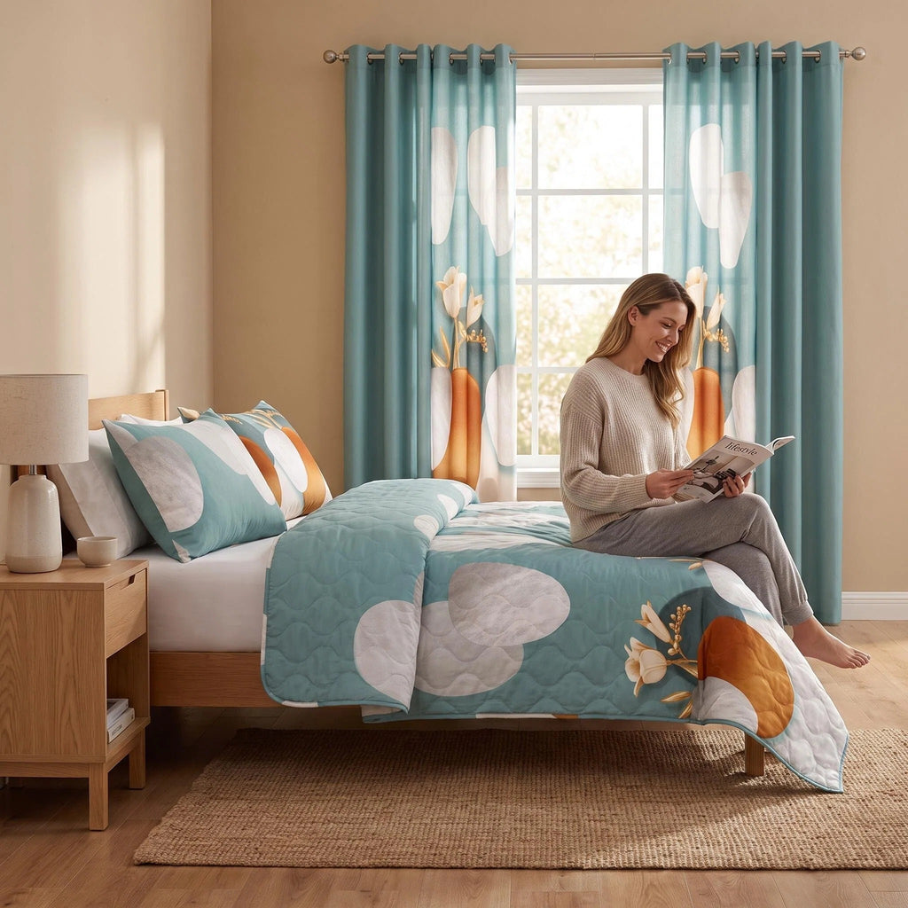 9-Piece Green Dot Quilted Bedspread And Curtain Set, Microfiber Bed