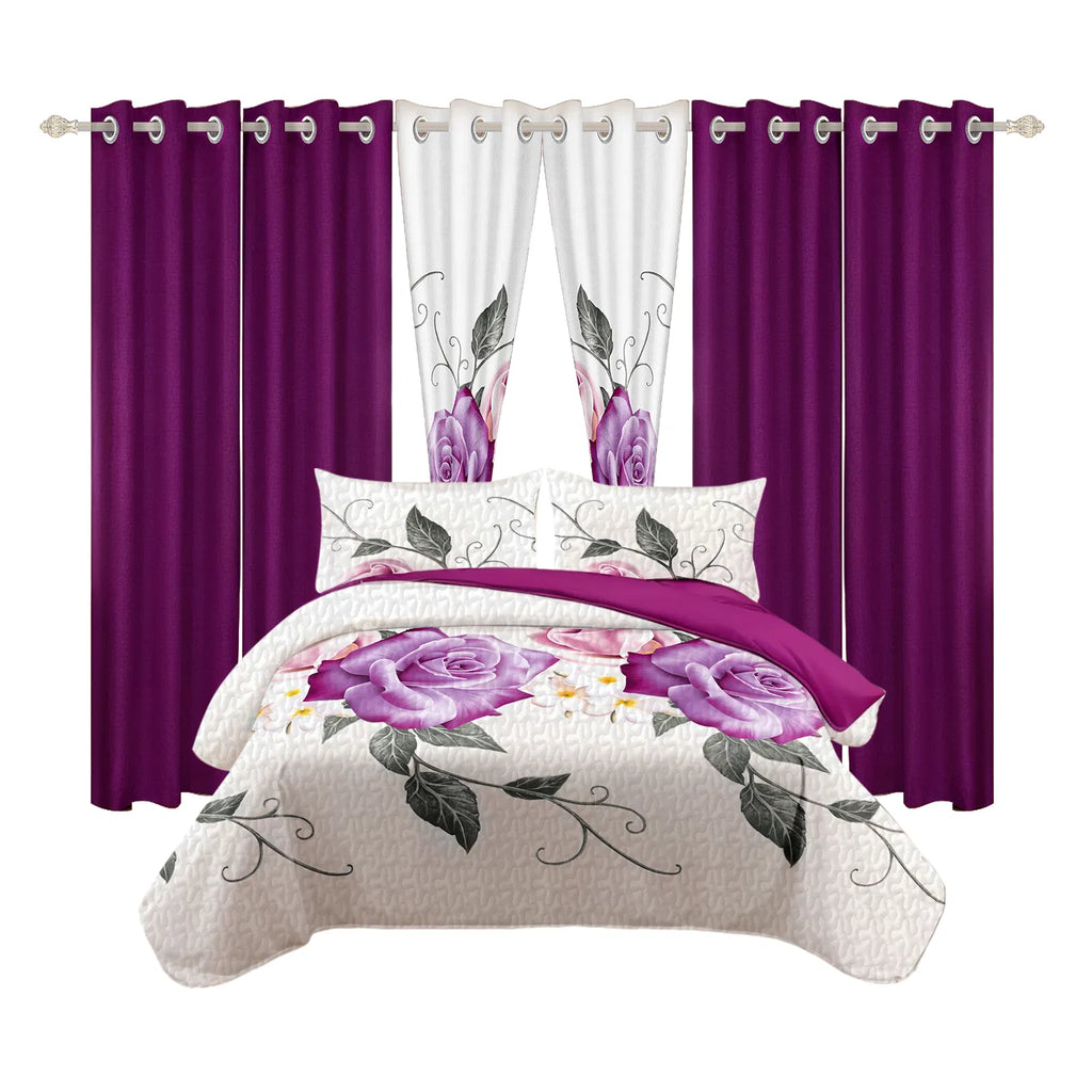 9-Piece Purple Rose Bedding & Curtain Set - Quilted Microfiber