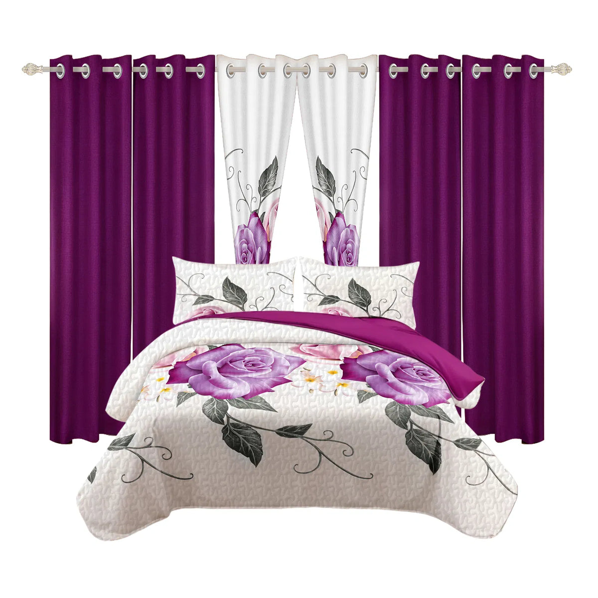 9-Piece Purple Rose Bedding & Curtain Set - Quilted Microfiber
