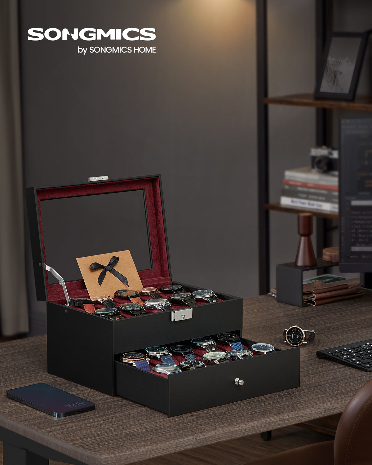 Songmics 20-Slot Watch Box, 2 Layers, Glass Lid, Lockable