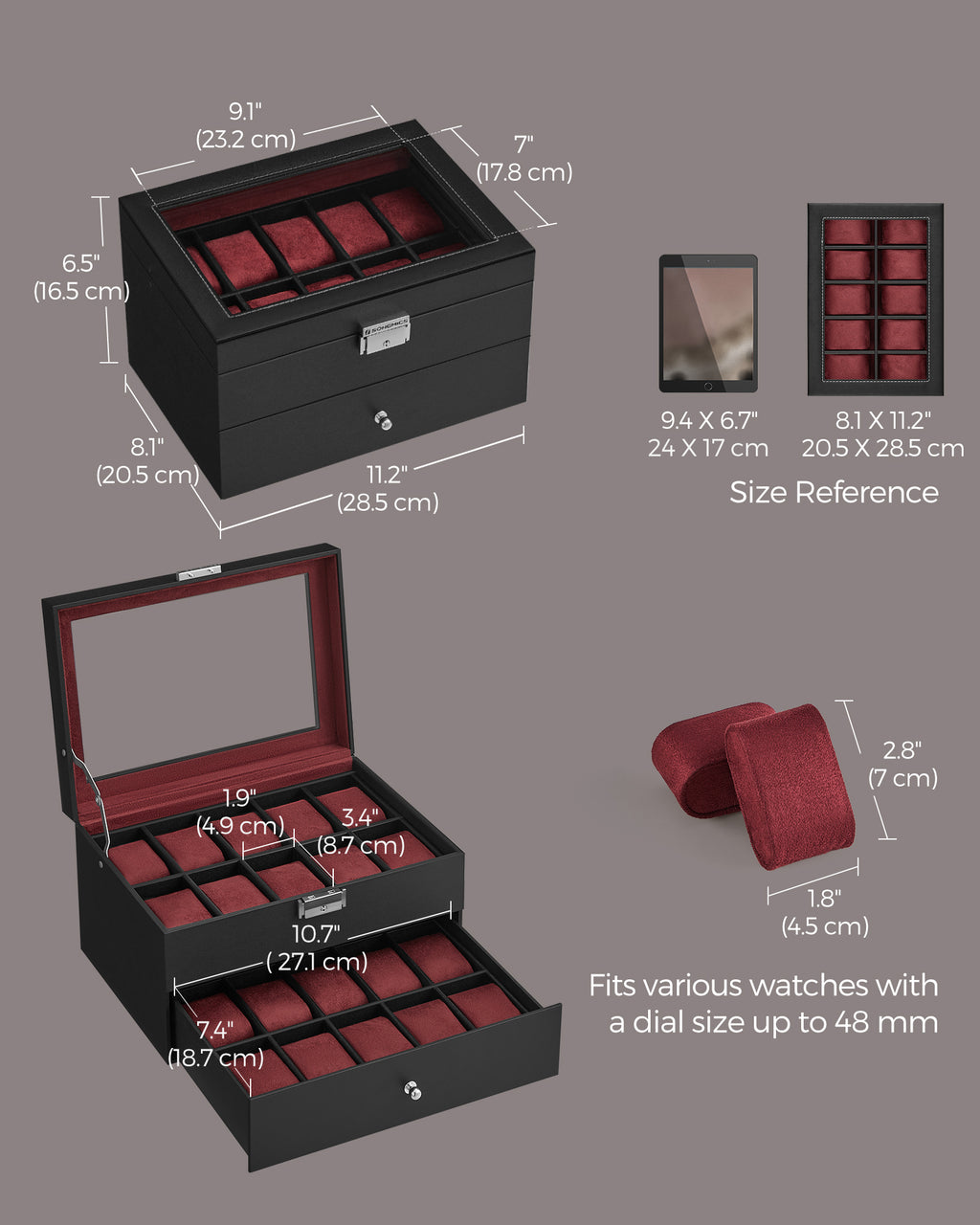 Songmics 20-Slot Watch Box, 2 Layers, Glass Lid, Lockable