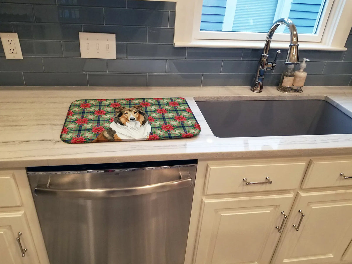 Sable Collie Christmas Poinsettias Dish Drying Mat Absorbent Dish