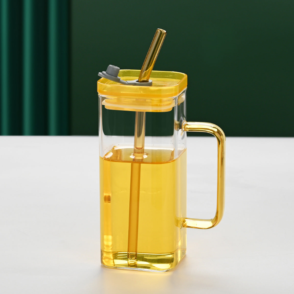 1 Pcs Blue Glass Straw Cup, 6 Colors Square Glass Cup With Straw