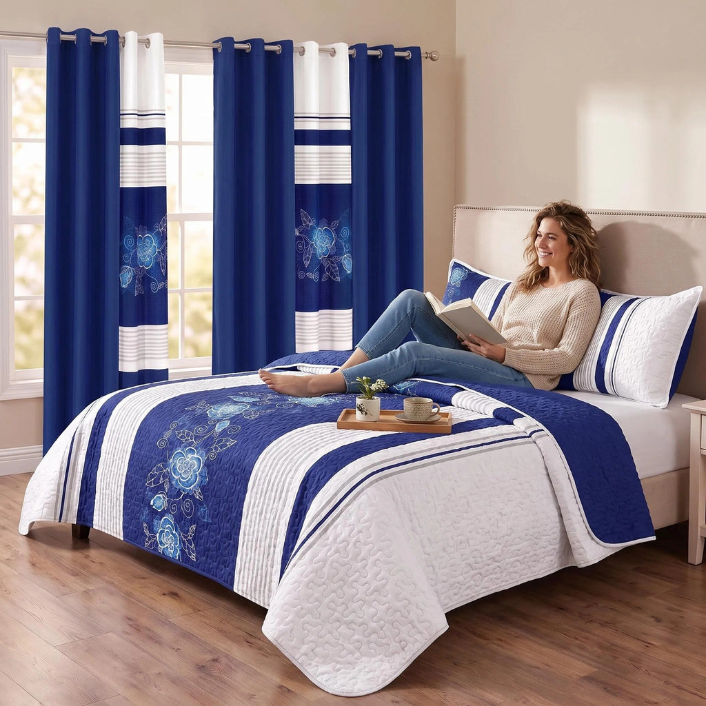 9-Piece Deep Blue Floral Bedspread And Curtain Set, Reversible