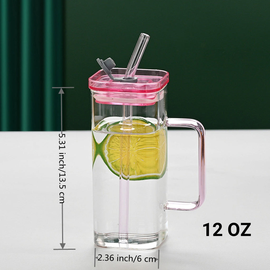 1 Pcs Blue Glass Straw Cup, 6 Colors Square Glass Cup With Straw