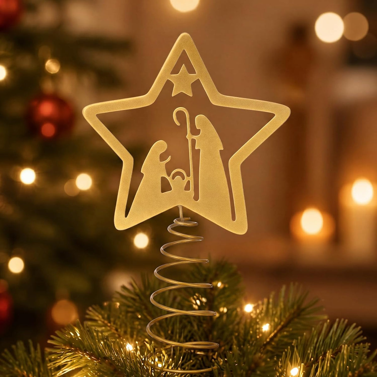 Nativity Christmas Tree Topper, Metal Star With Nativity Scene Design