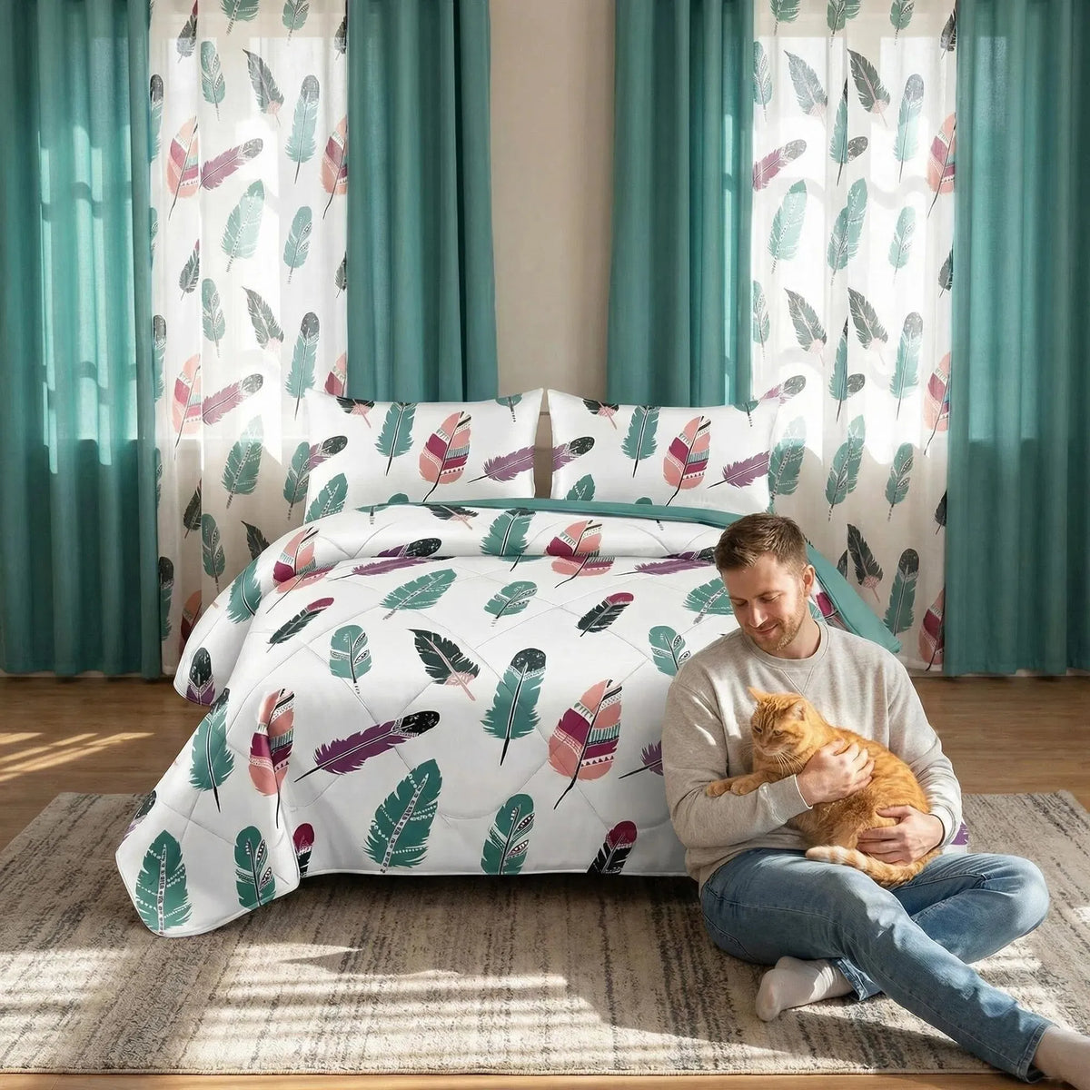 9-Piece Boho Feather Bedding & Curtain Set - Quilted Microfiber