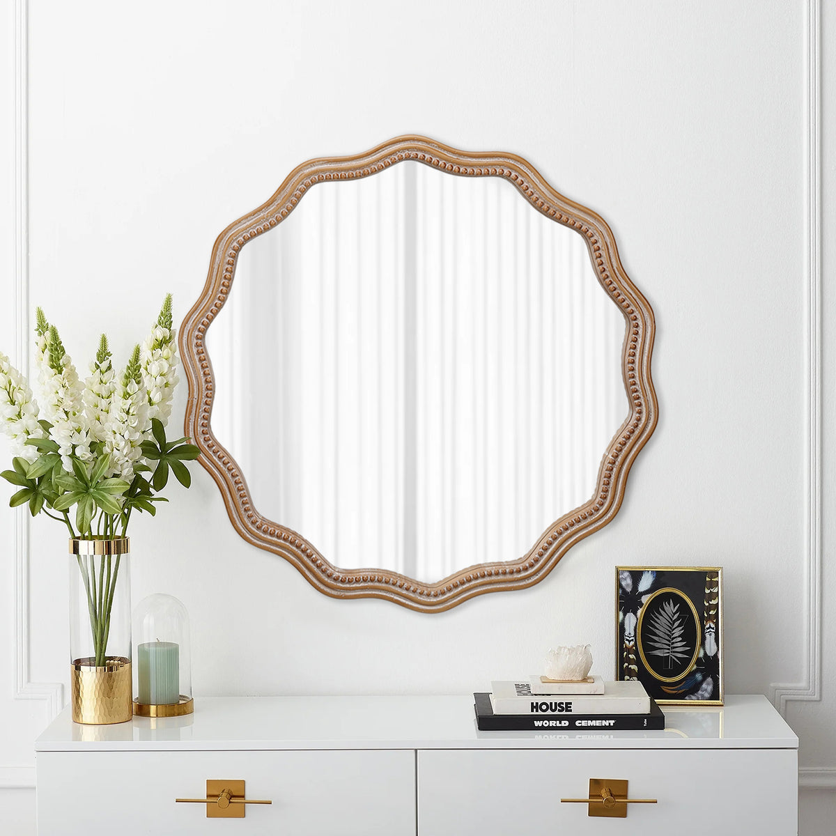 23.62 Inches Wood Round Wavy Wall Mirror Round Wall Mirror Scalloped