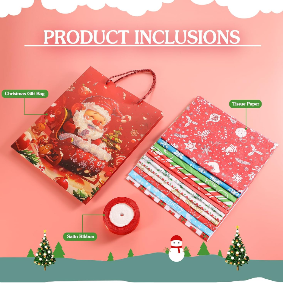 12 Christmas Gift Bags With 12 Tissues And 1 Satin Ribbon Medium