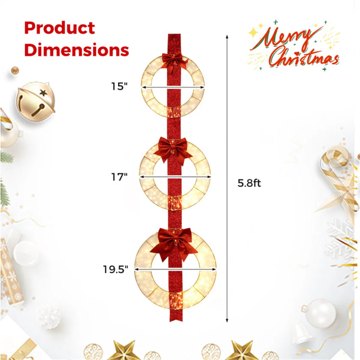 Christmas Wreath Set: 3 Festive Wreaths With 450 Leds, Red Ribbon, IP44
