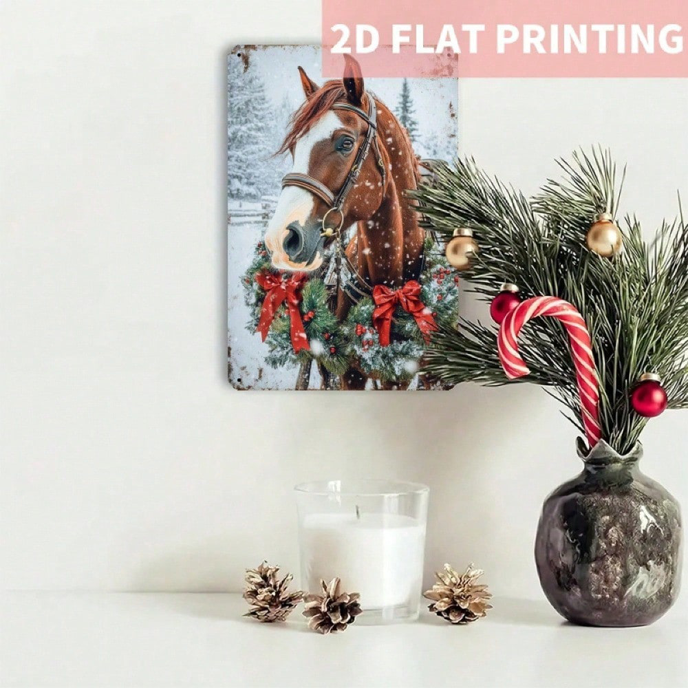 Christmas Horse Metal Wall Decor, Iron Hanging Sign Warm Winter 8x12