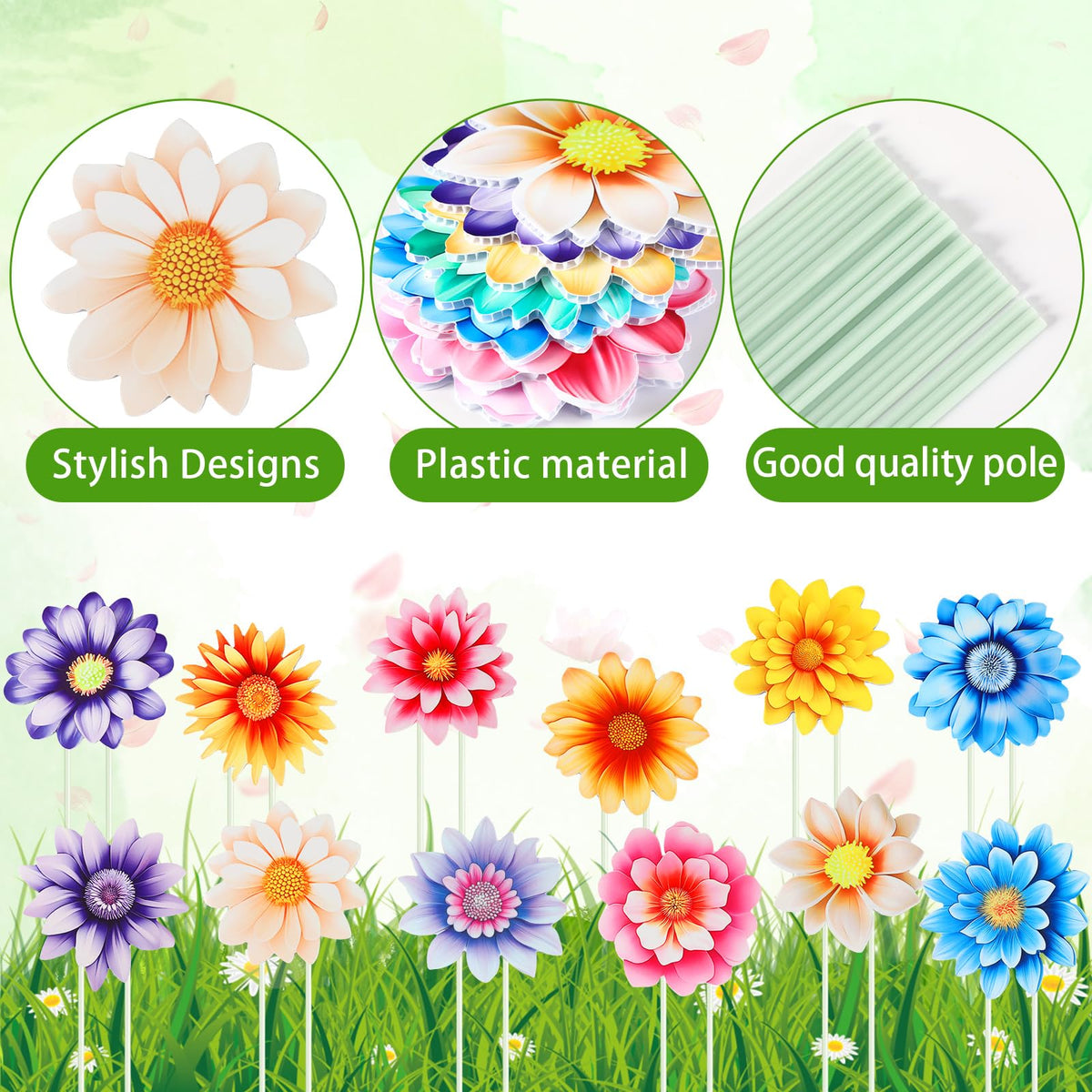 14Pcs Summer Flower Garden Stakes, Colorful Planter Stakes, Decorative
