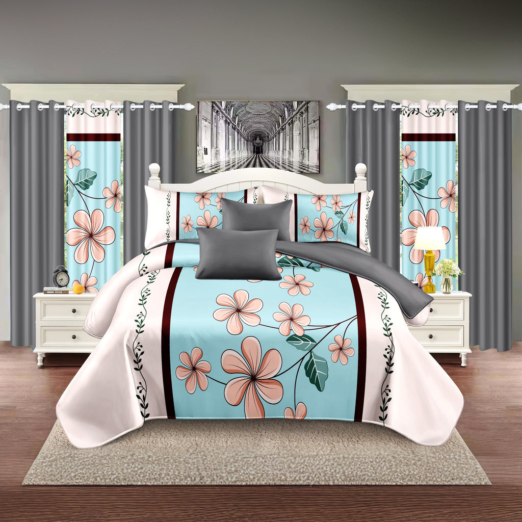 9-Piece Blue And Pink Gardenia Bedspread And Curtain Set, Reversible