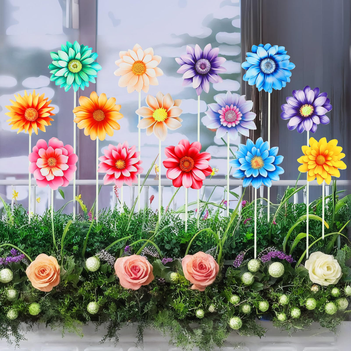 14Pcs Summer Flower Garden Stakes, Colorful Planter Stakes, Decorative