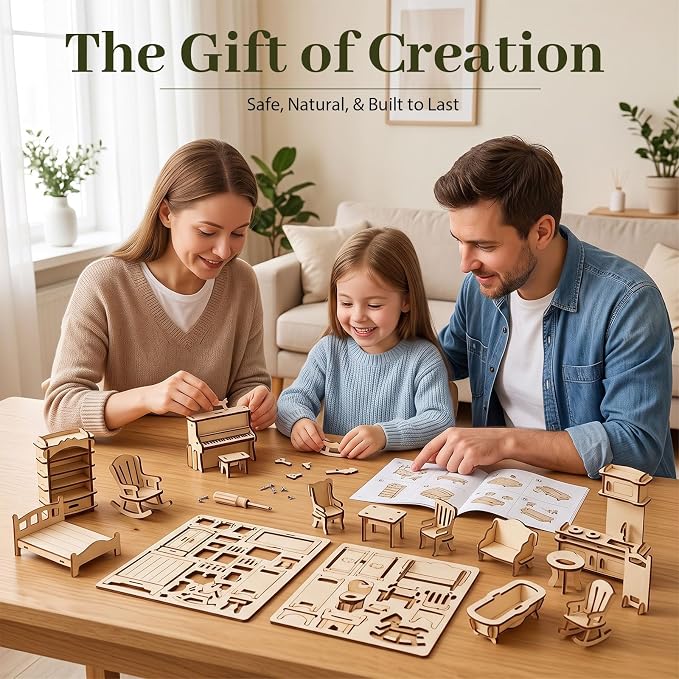 34-Piece Wooden Dollhouse Furniture Set, Scale Miniature Furniture