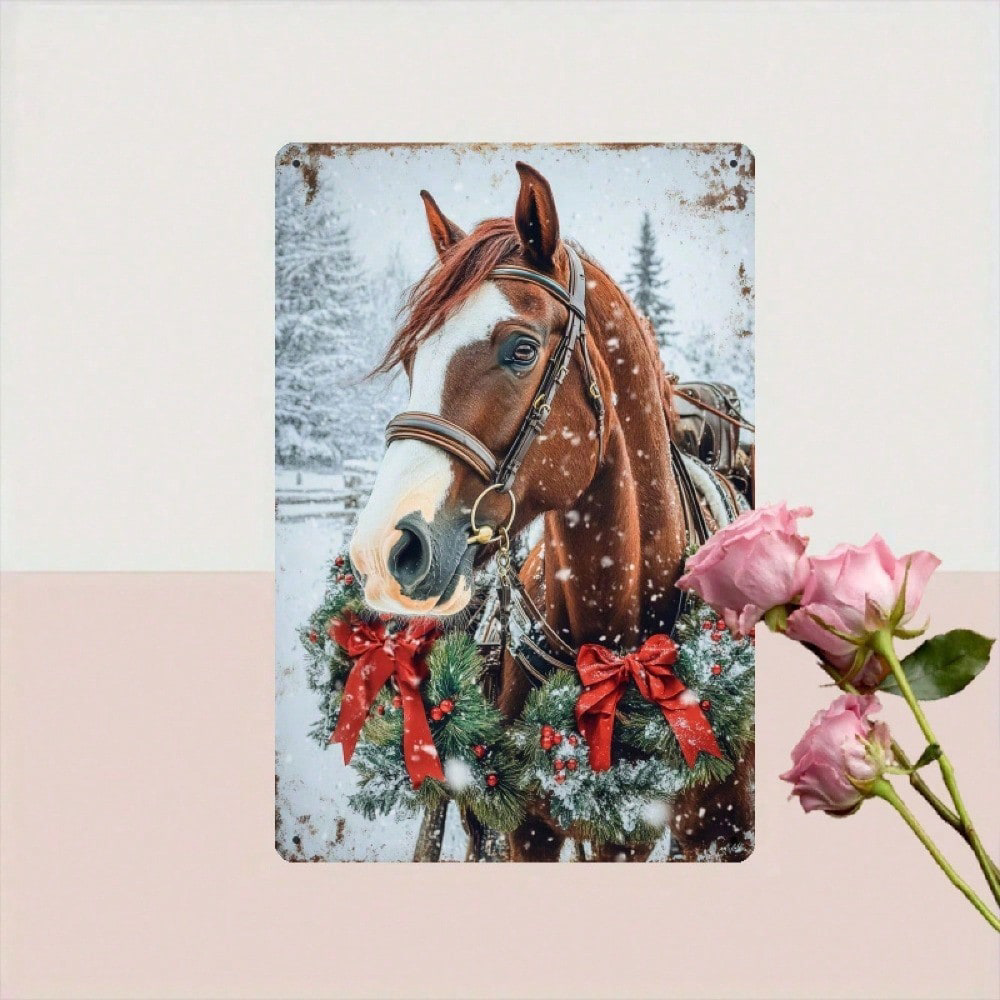 Christmas Horse Metal Wall Decor, Iron Hanging Sign Warm Winter 8x12