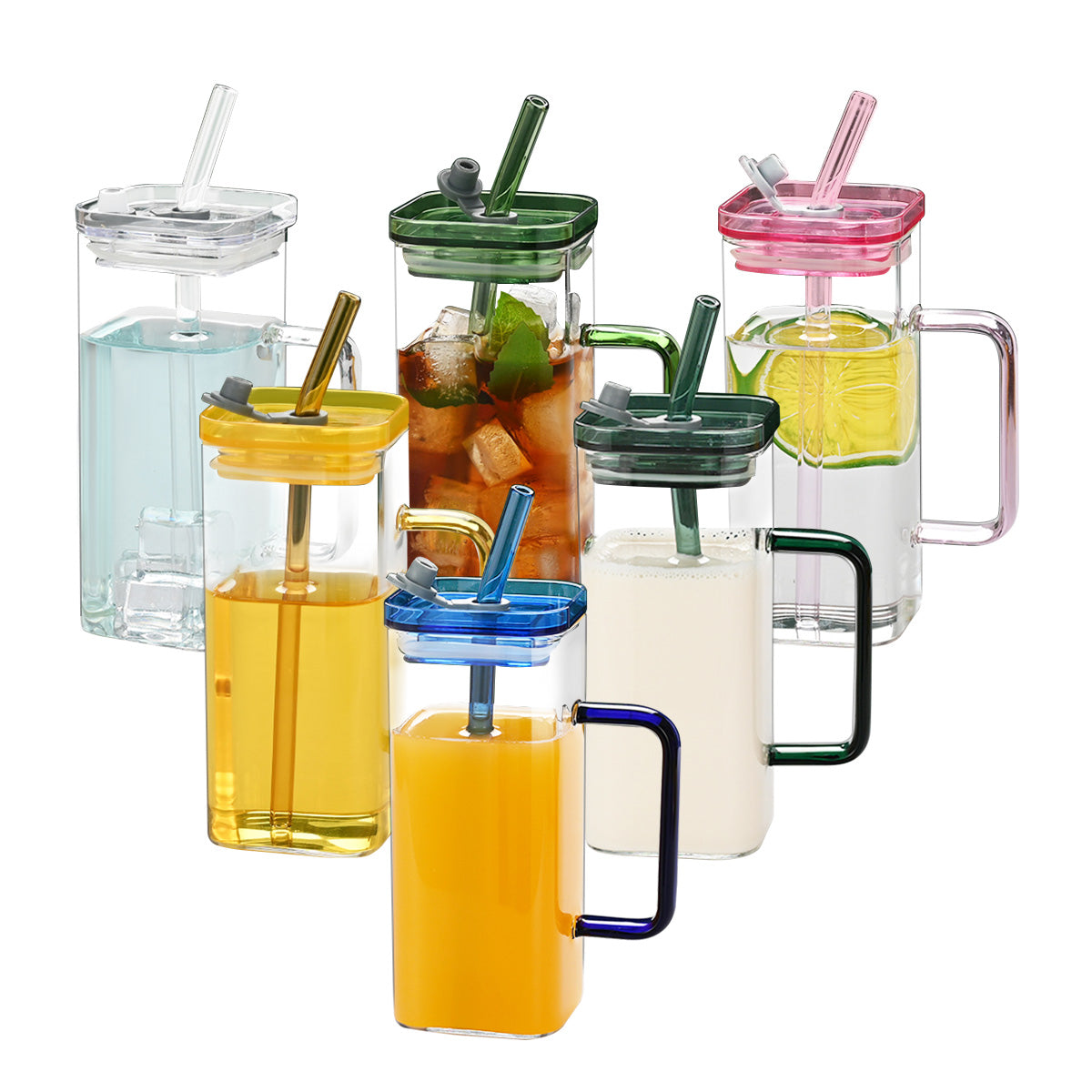 1 Pcs Transparent Glass Straw Cup, 6 Colors Square Glass Cup With Straw