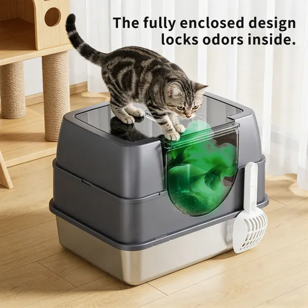 Fully Enclosed Stainless Steel Cat Litter Box White - Top Pick, Odor