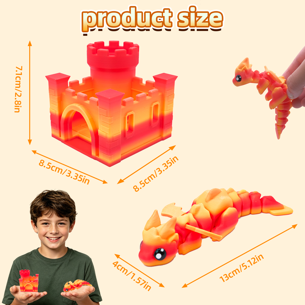 3D Printed Dragon & Castle Set, Articulated Mini Dragon With Castle