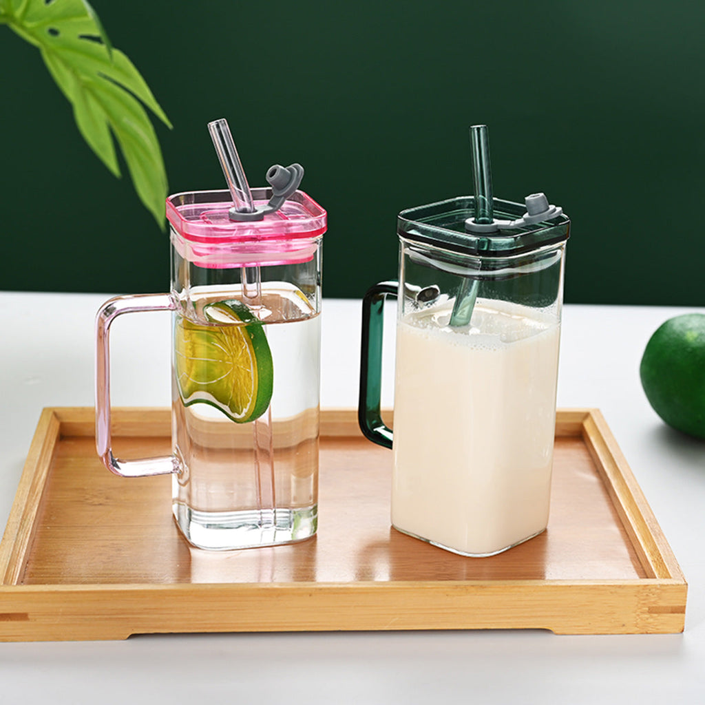 1 Pcs Blue Glass Straw Cup, 6 Colors Square Glass Cup With Straw