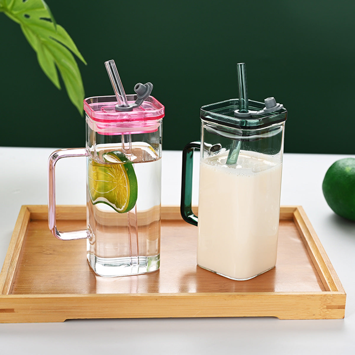 1 Pcs Blue Glass Straw Cup, 6 Colors Square Glass Cup With Straw