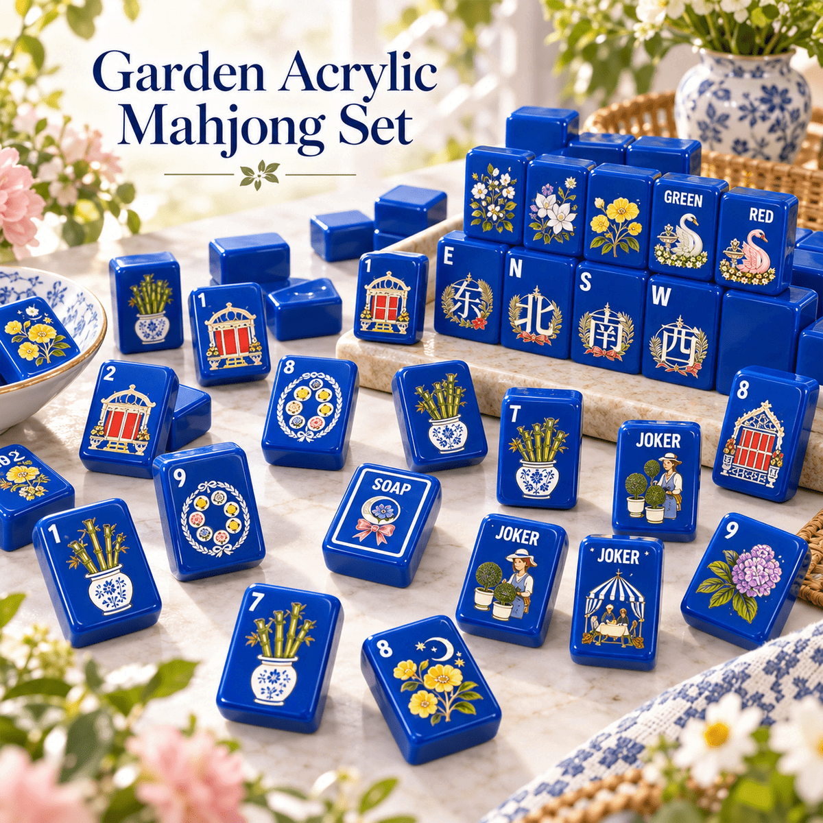 Cobalt Garden Acrylic Mahjong Set, 160 Tiles American Mahjong Game Set