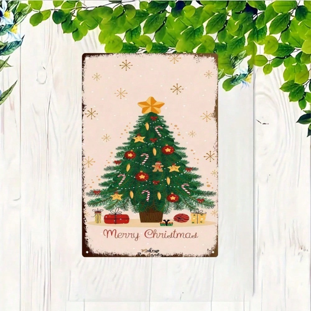 1pc Vintage Metal Christmas Tree Sign, Sign, Retro Holiday Merry