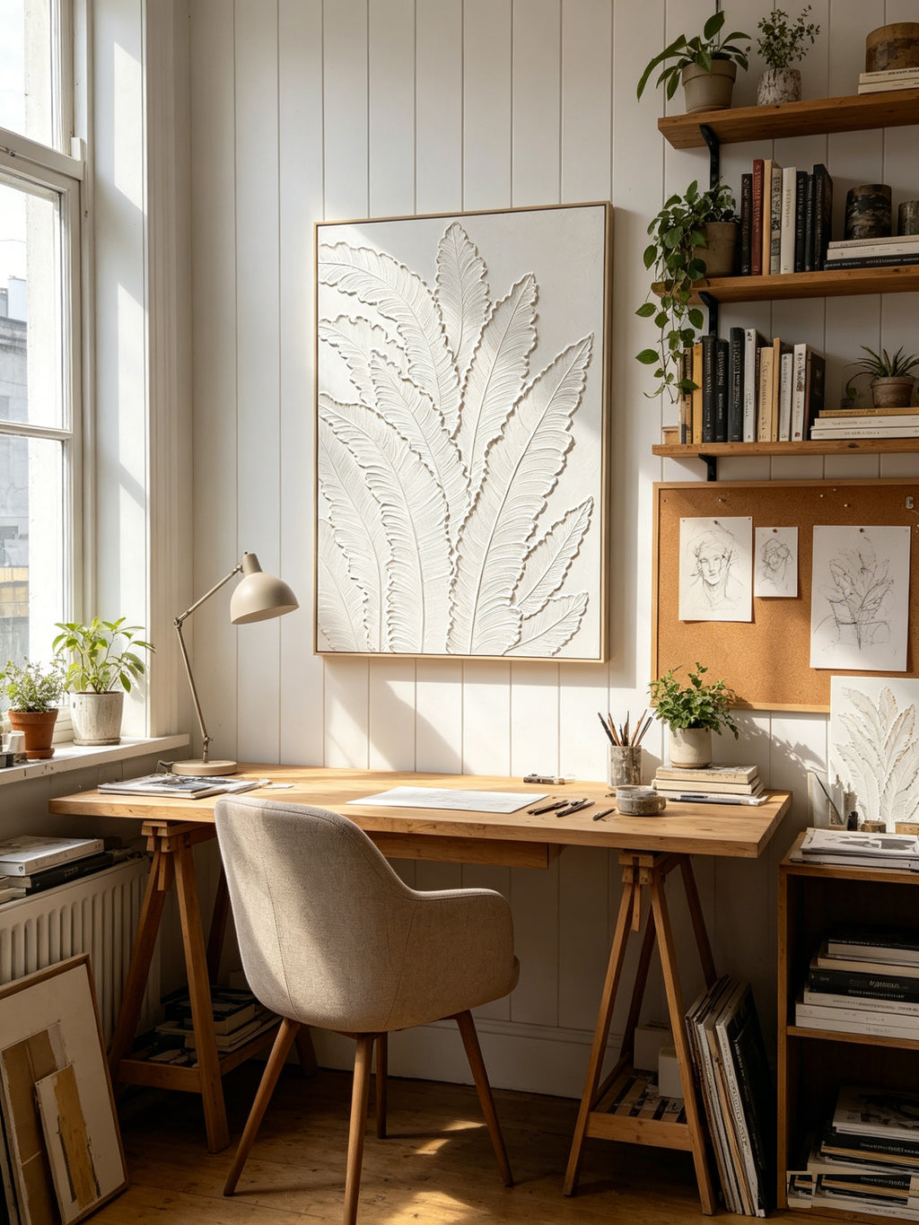 24x36 Framed Botanical Leaf Wall Art, Antique White Thick Textured