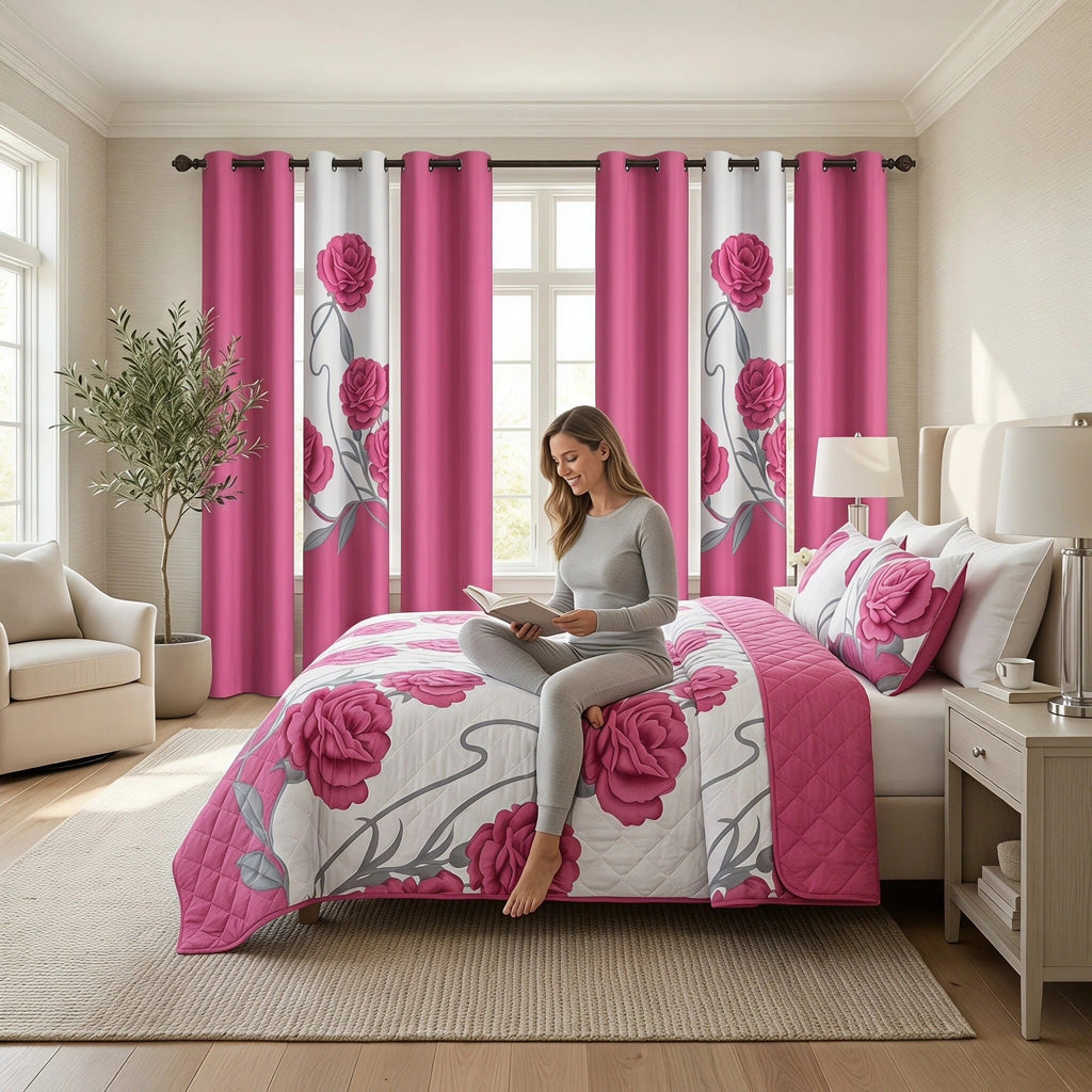 9-Piece Pink And White Rose Bedspread And Curtain Set For Queen And King