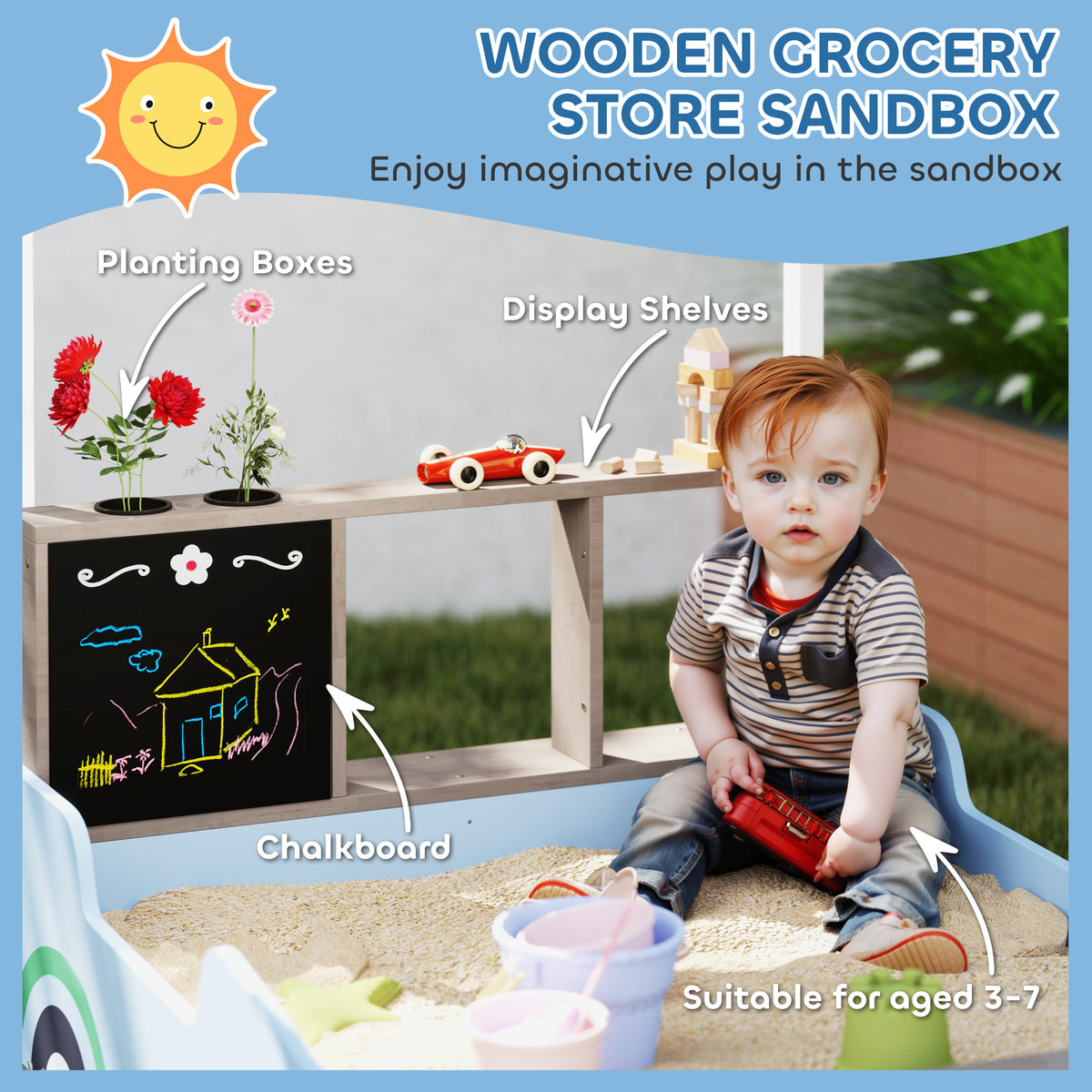 Kids Wooden Sandbox With Canopy With Bench Seats, Bottom Liner, Drawing
