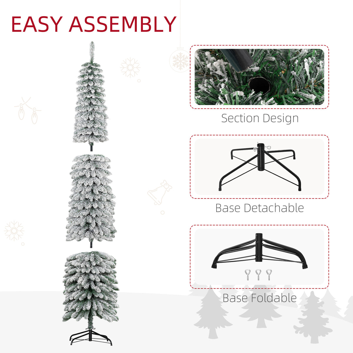 8' Tall Unlit Slim Pencil Xmas Tree, Snow Flocked Artificial Christmas