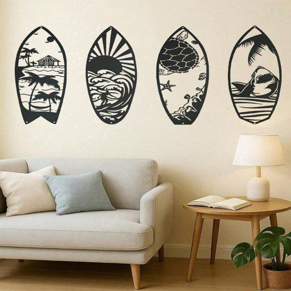 4 Piece Metal Surfboard Wall Art Coastal Beach House Decor Modern