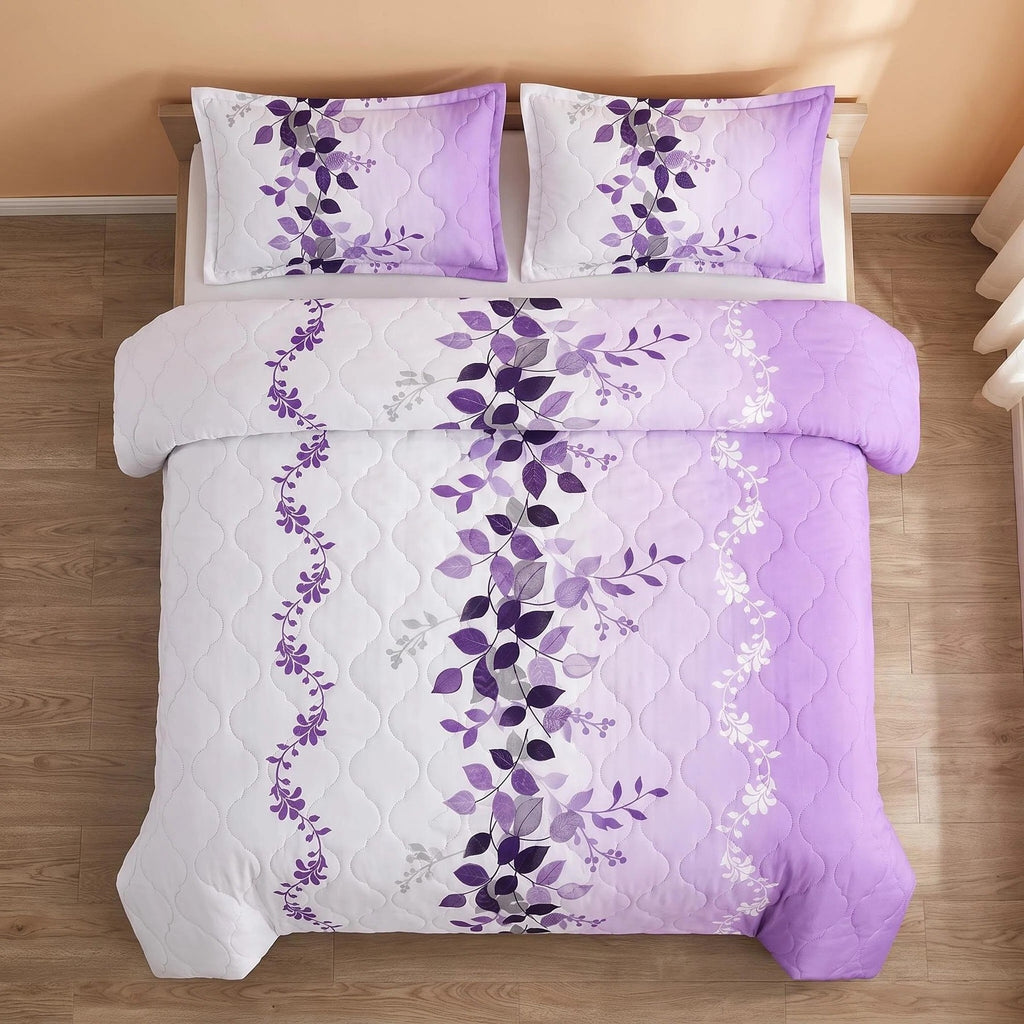 9-Piece Purple Floral Quilt And Curtain Set, Reversible Microfiber