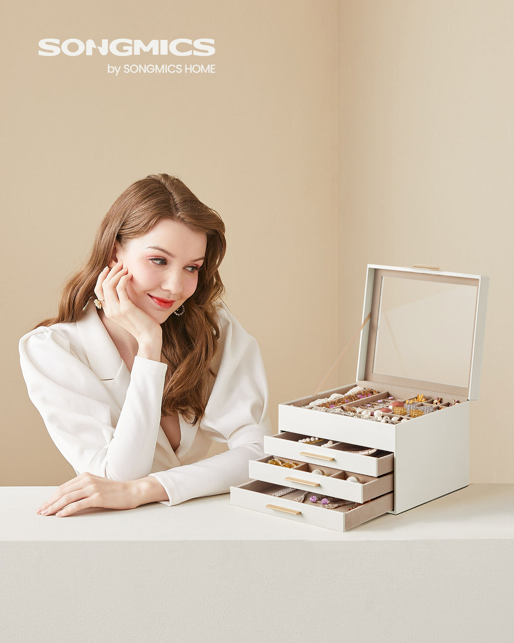 Songmics Jewelry Box With Glass Top, 4-Tier, 3 Drawers