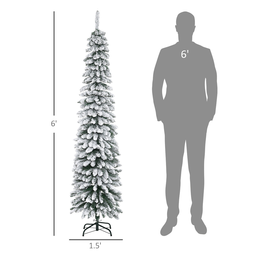 6 Tall Unlit Slim Pencil Xmas Tree, Snow Flocked Artificial Christmas