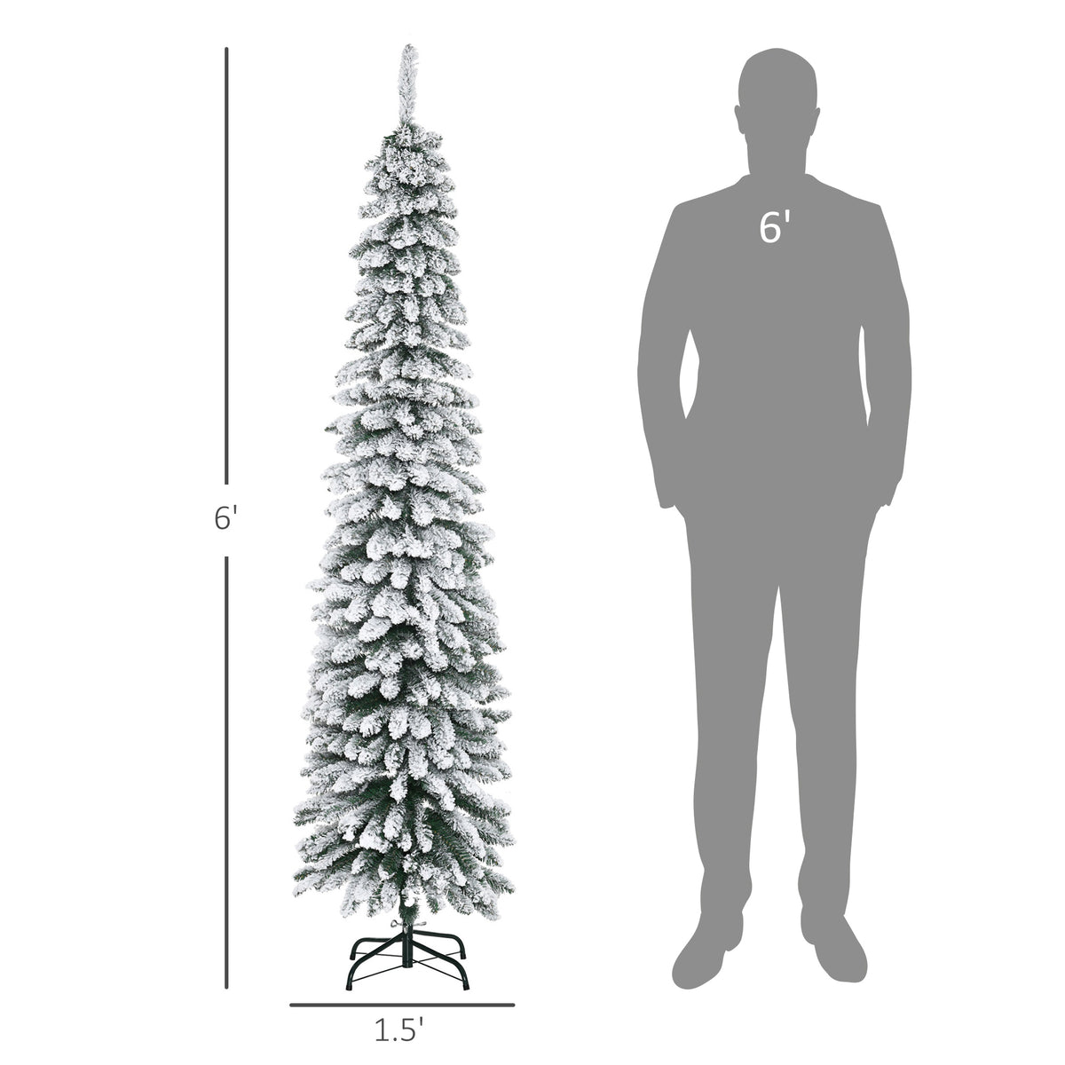 6 Tall Unlit Slim Pencil Xmas Tree, Snow Flocked Artificial Christmas