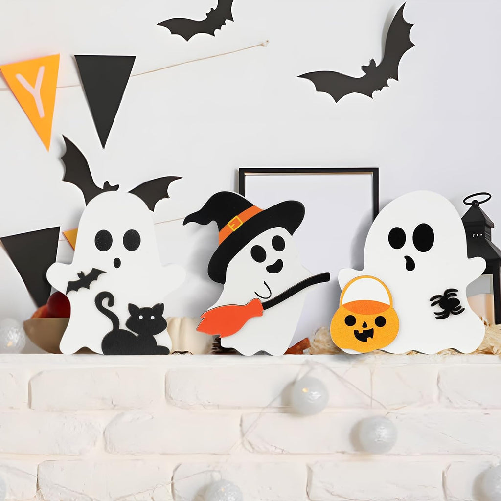 3 Pack Halloween Decorations, Cute Ghost Tabletop Decor, Wooden Tiered