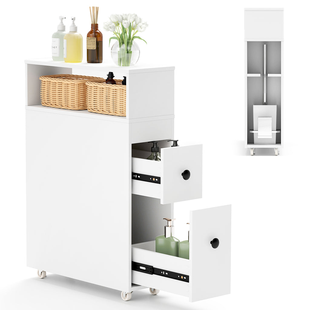 Slim Bathroom Cabinet Wooden Toilet Organizer With Deep Slide Out