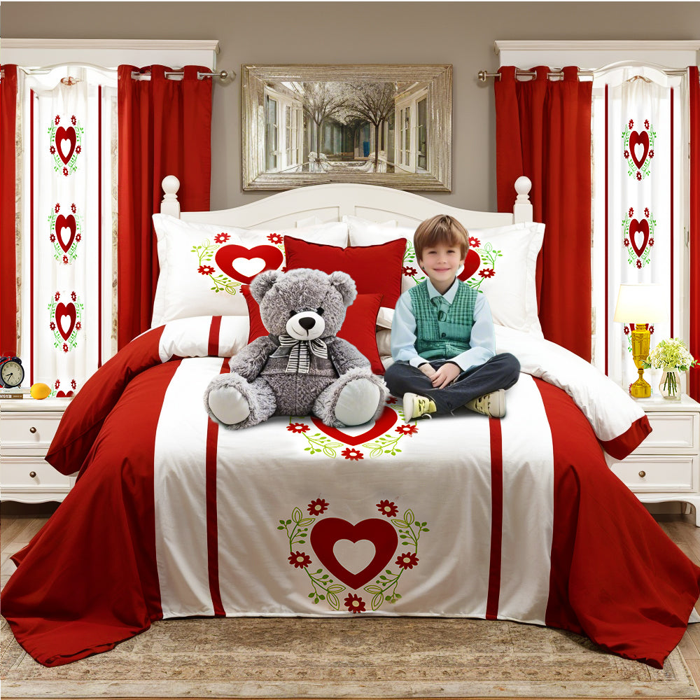 9-Piece Red Embroidered Bedspread And Curtain Set For Twin