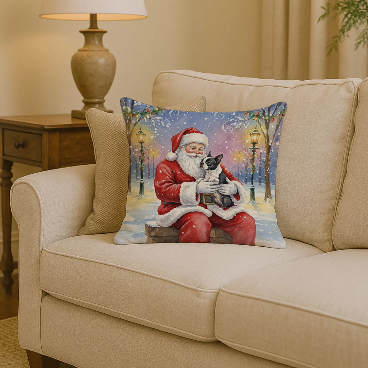 Boston Terrier With Santa Claus Throw Pillow Decorative Indoor Outdoor