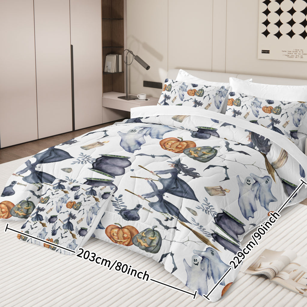8 Pieces Halloween Comforter Set, Witch Pattern Bed In A Bag Bedding