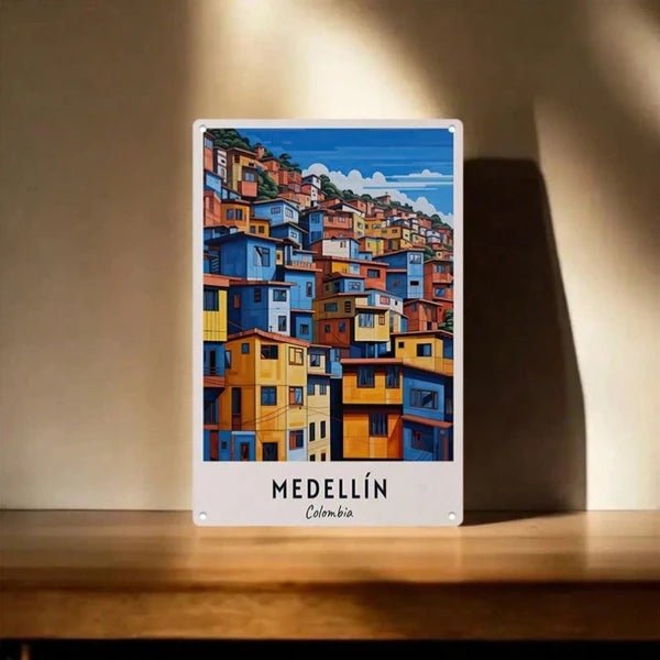 1pc Retro Medellin Colombia Travel Metal Tin Sign, Vibrant Hillside