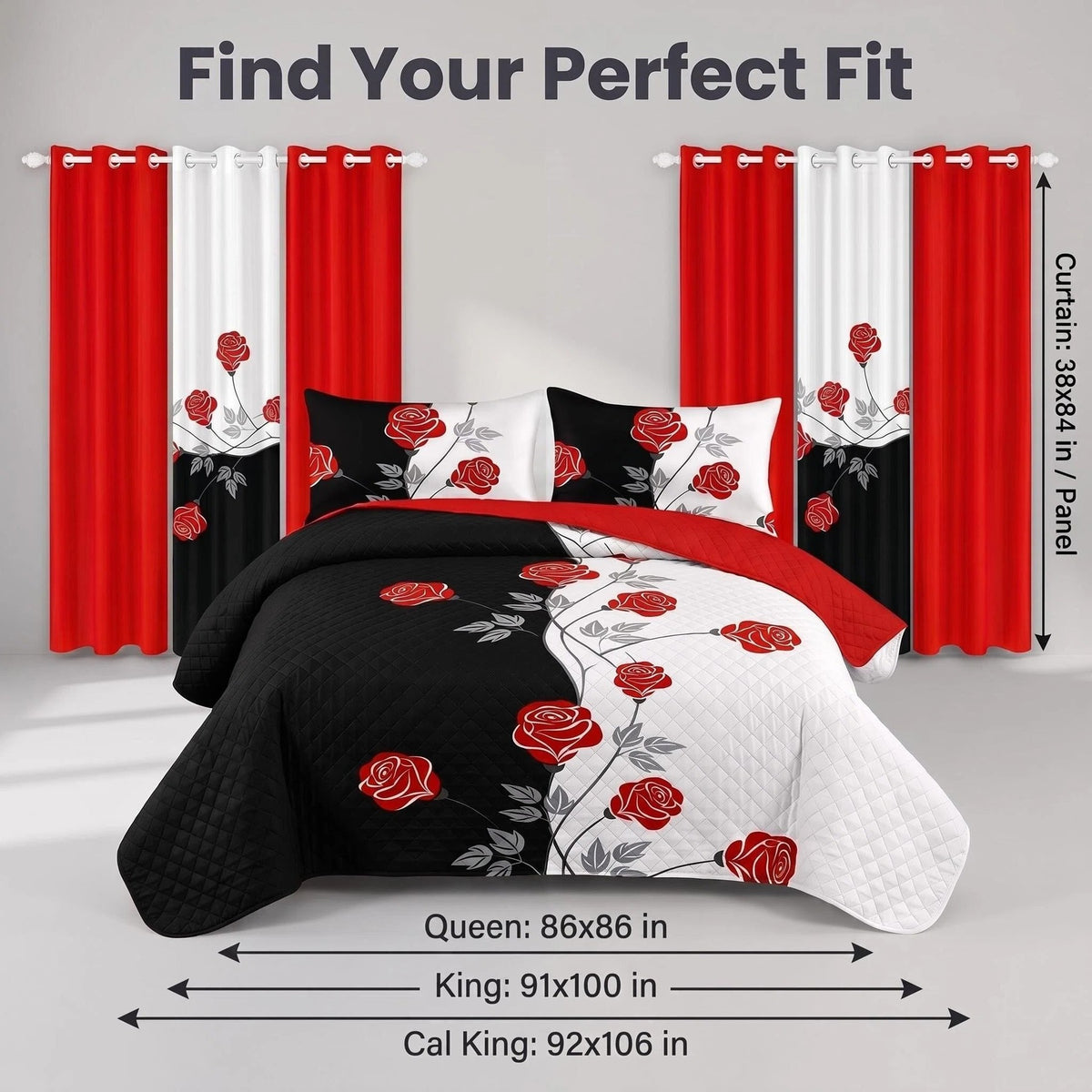 9-Piece Black And White Red Floral Quilt And Curtain Set, Reversible