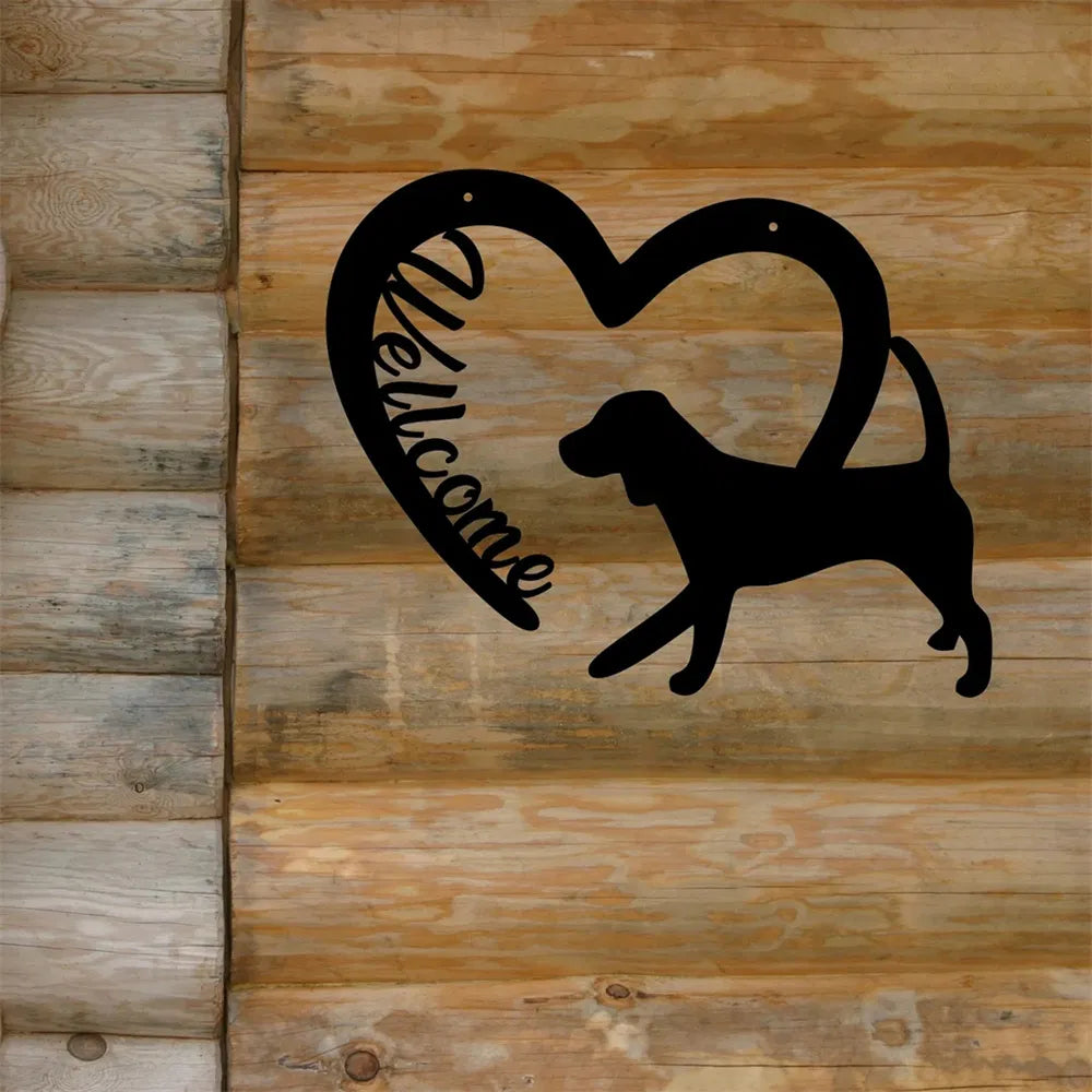 Rustic Farmhouse Metal Welcome Sign With Heart And Dog Cutouts